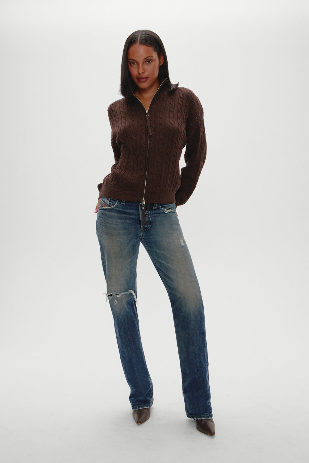 Bea Cable Knit Zip Up Sweater - Chocolate Brown | Frankies Bikinis