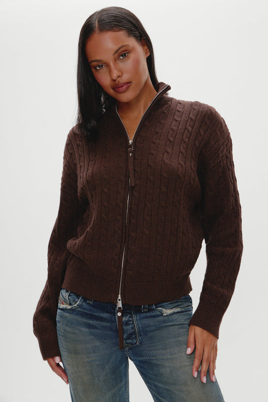 Bea Cable Knit Zip Up Sweater - Chocolate Brown | Frankies Bikinis
