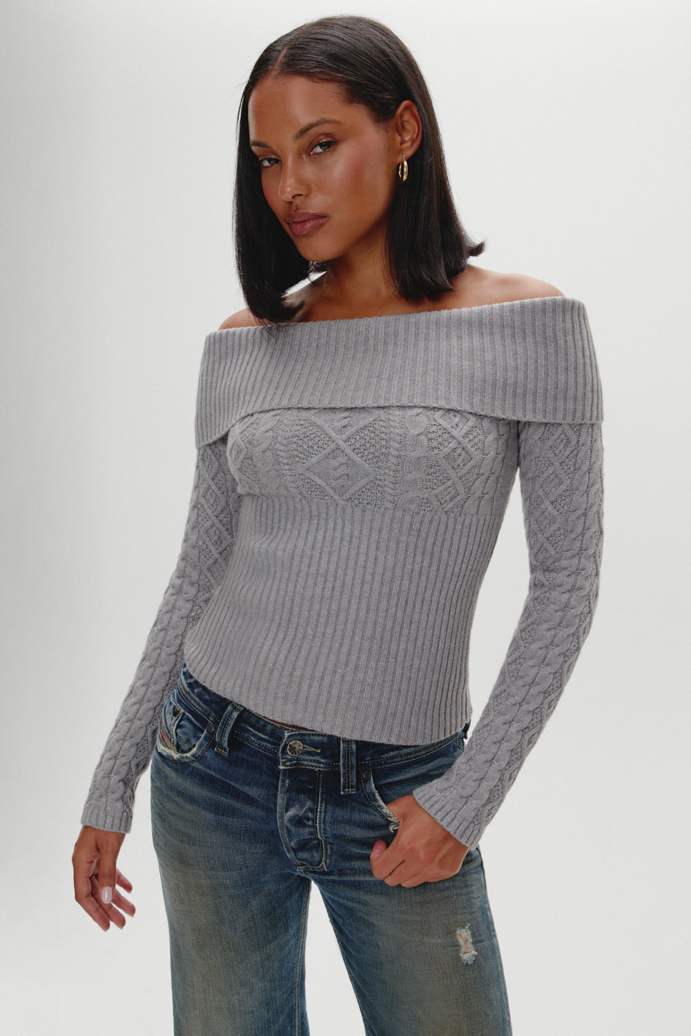 Jazz Off The Shoulder Knit Sweater - Cloud Cover | Frankies Bikinis