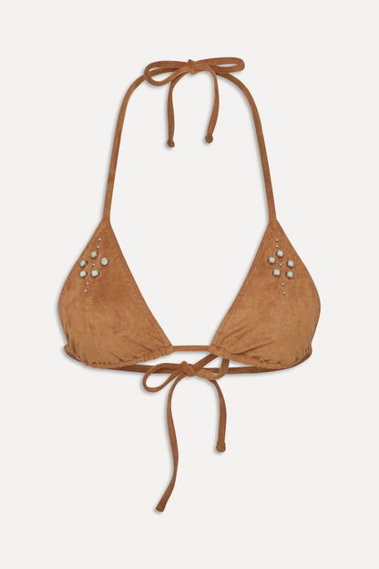 x BELLA HADID Paradise Suede Halter Bikini Top - Sunkissed Suede | Frankies Bikinis