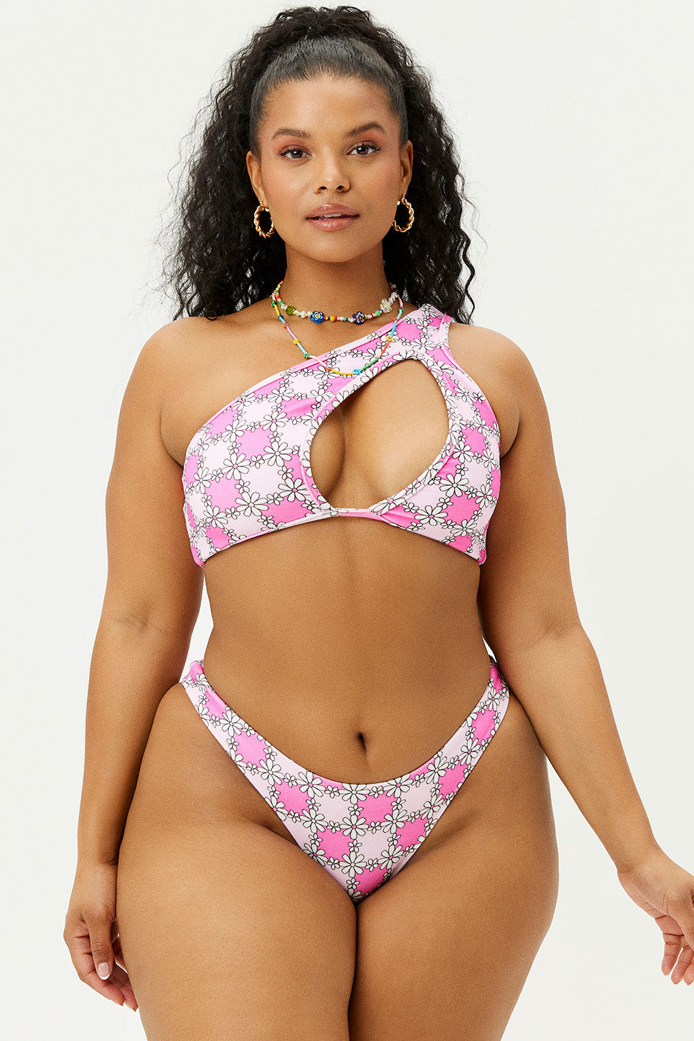 Syd Terry One Shoulder Bikini Top - Pink Daisy | Frankies Bikinis