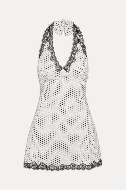 Audrey Satin Mini Dress - White Polka Dot | Frankies Bikinis