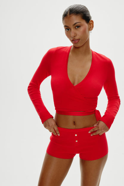 Whisper Long Sleeve Wrap Top - Cherry | Frankies Bikinis