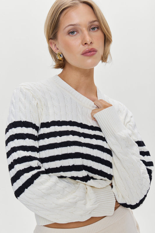Varsity Striped Cable Knit Sweater - Ivory | Frankies Bikinis