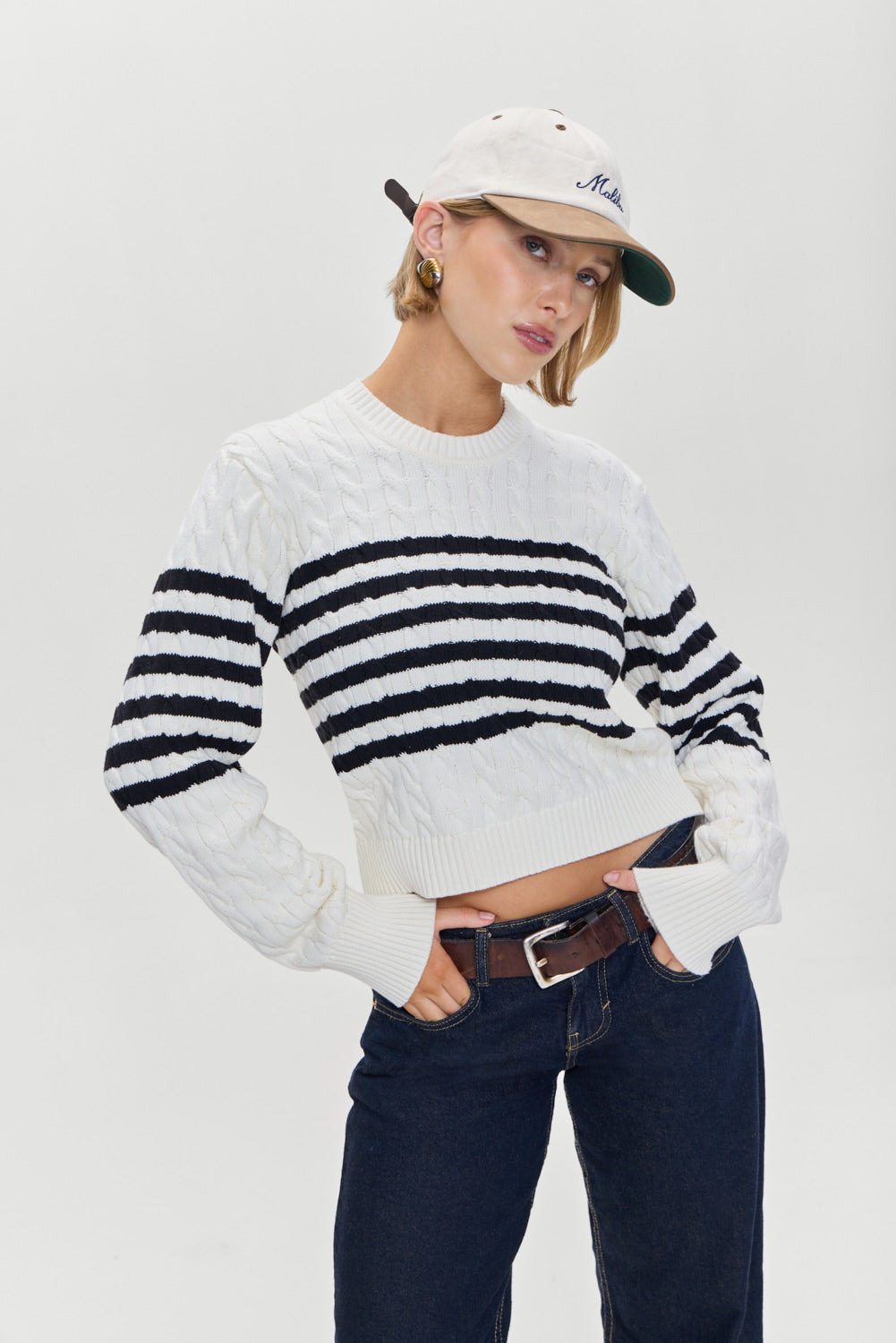 Varsity Striped Cable Knit Sweater - Ivory | Frankies Bikinis