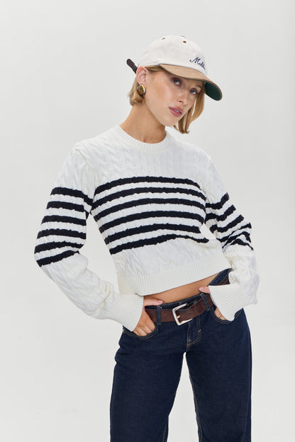 Varsity Striped Cable Knit Sweater - Ivory | Frankies Bikinis