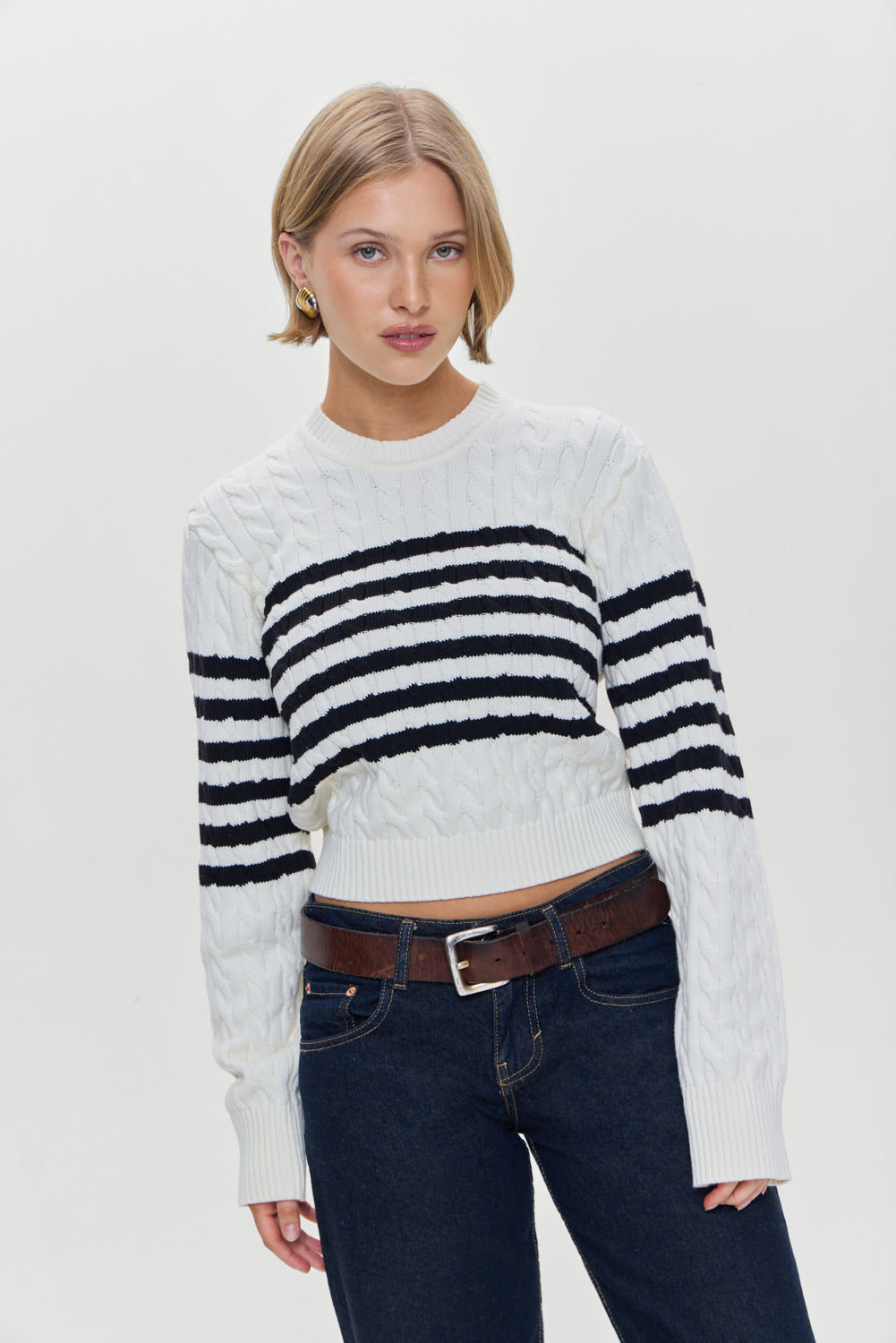 Varsity Striped Cable Knit Sweater - Ivory | Frankies Bikinis